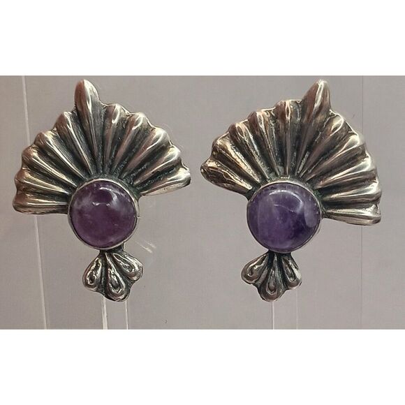 Vintage 1940s Mexico Silver Amethyst Earrings Screw Back Art Deco Style - Picture 2 of 8
